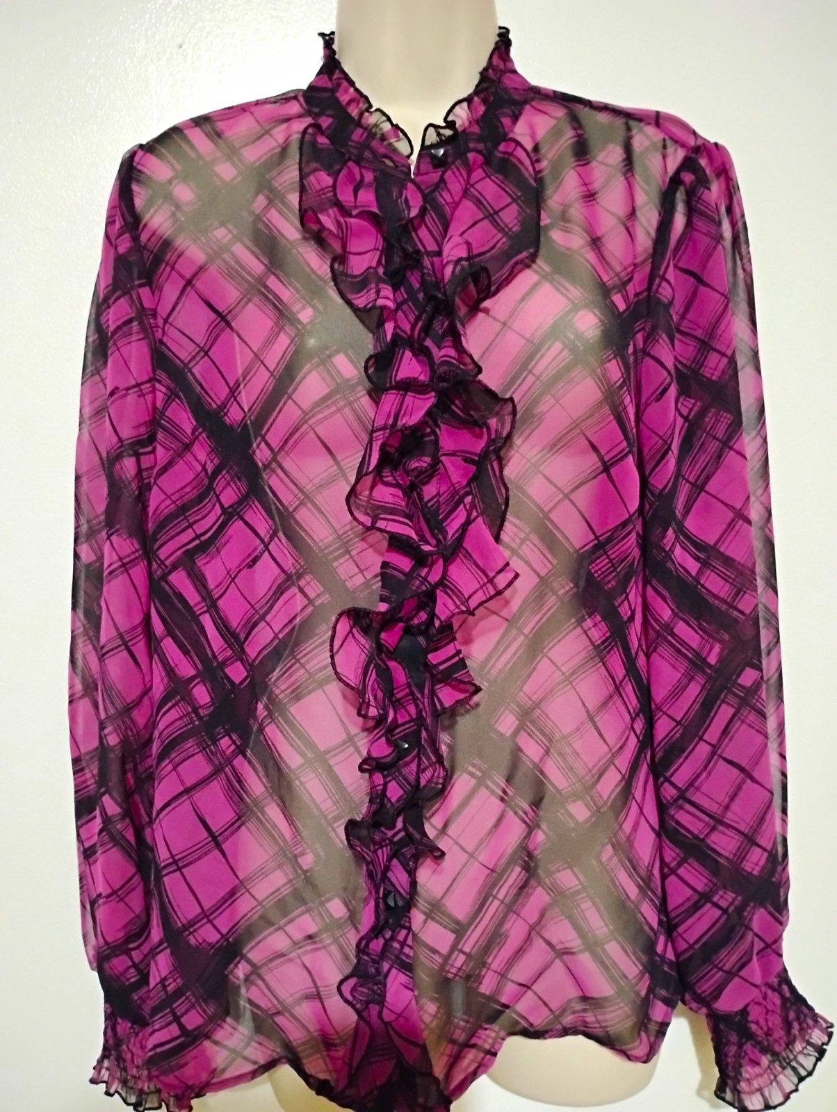 Dialogue Women’s Purple/Black Plaid Chiffon Sheer Ruffle Button Blouse S
