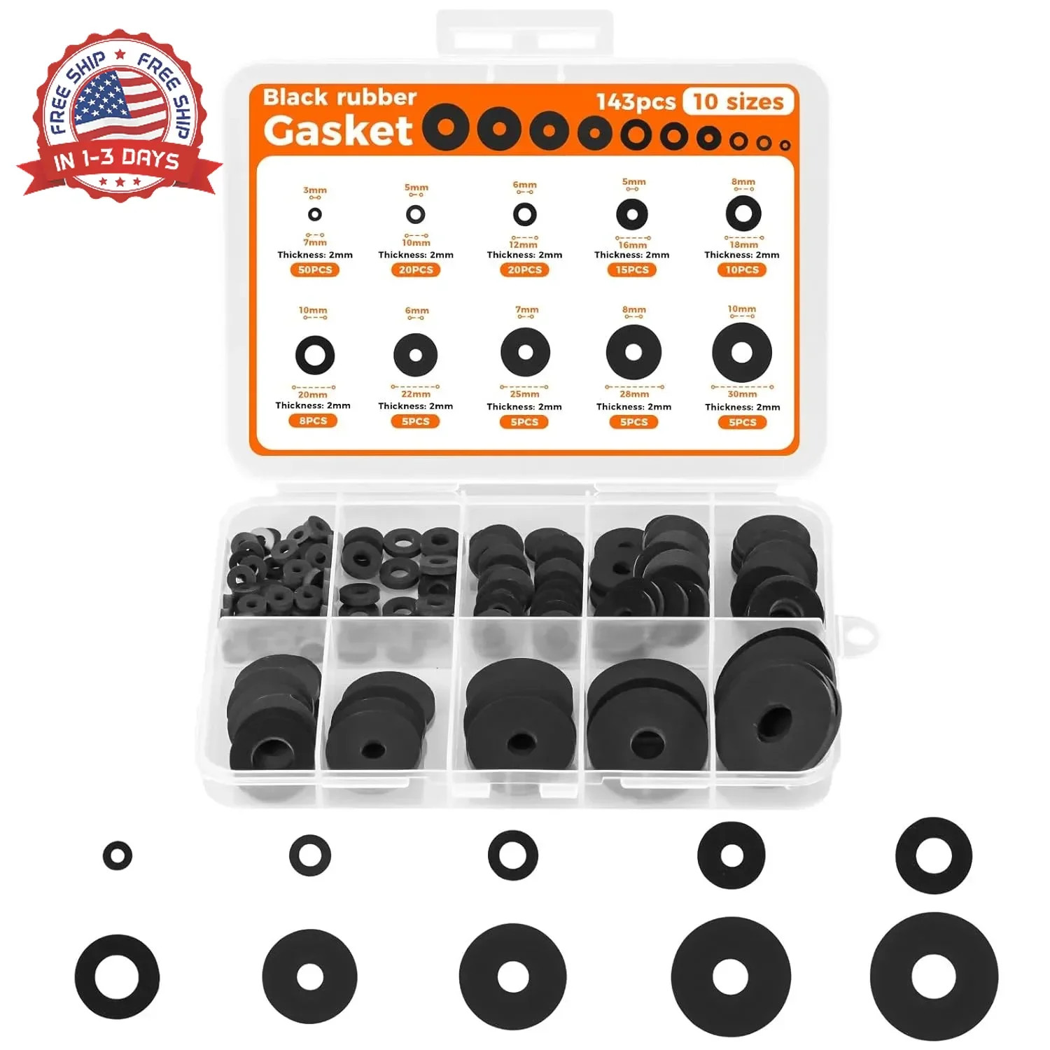 143Pcs Flat Rubber Washers Assortment Kit, 10 Sizes 7/10/12/16/18/20/22/25/2