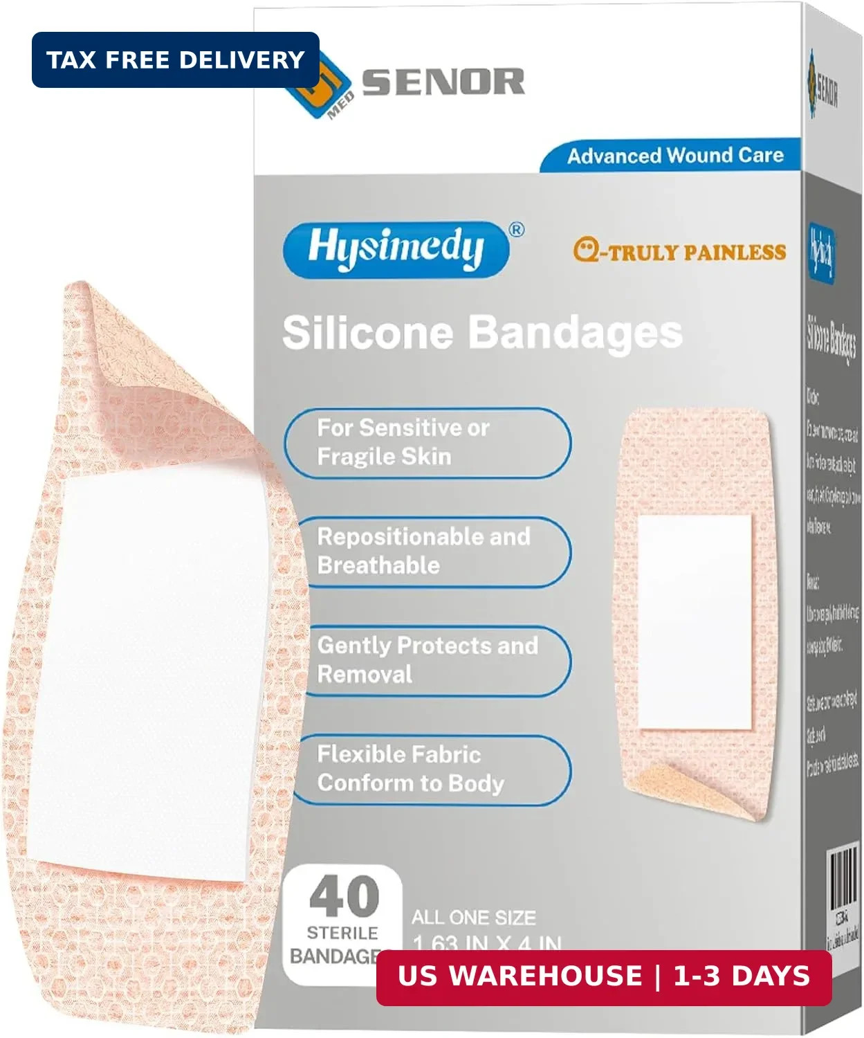 Hysimedy Silicone Bandages for Sensitive Skin 1.63x4 Inch Painless Removal