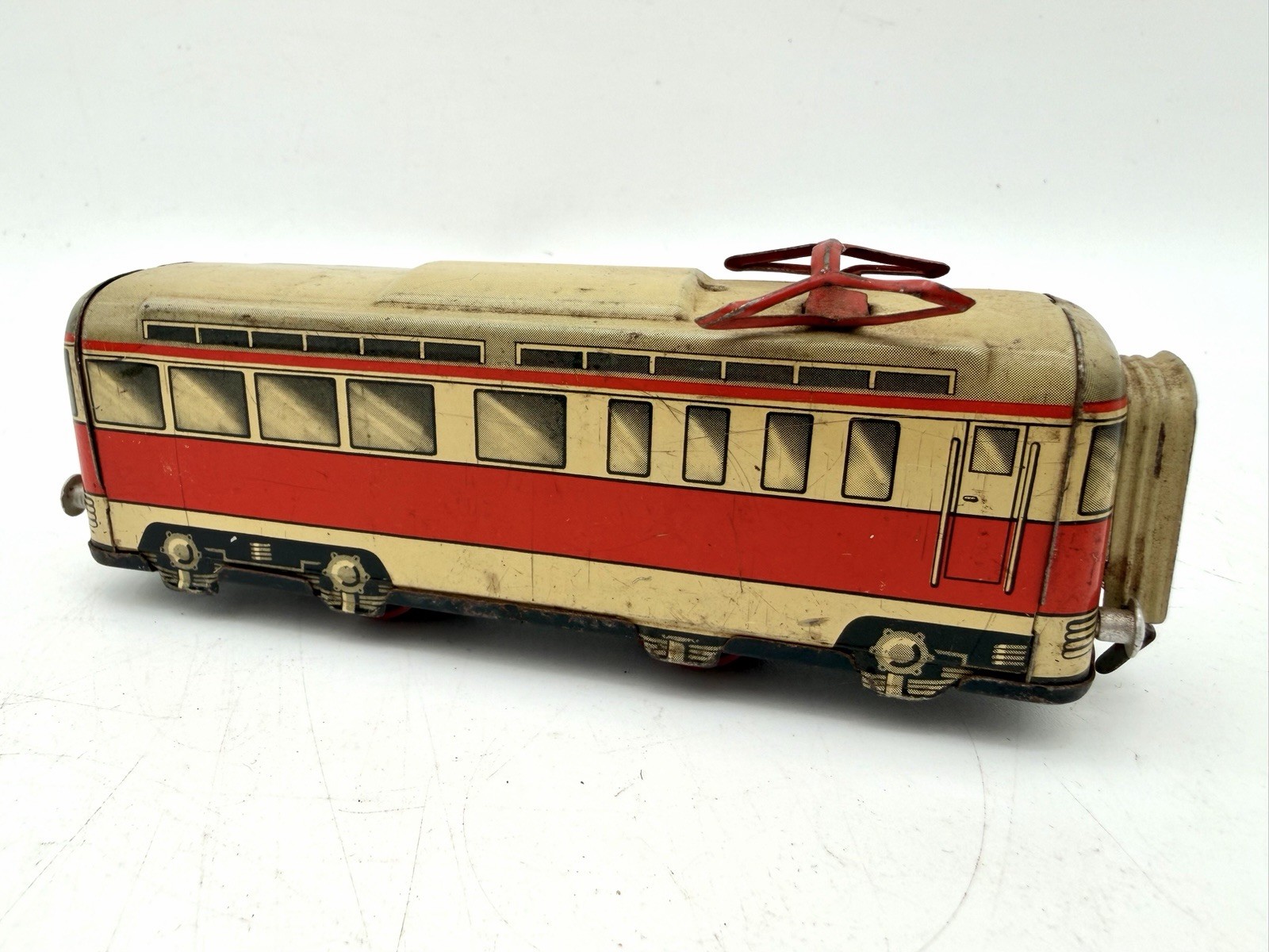 Vintage HWN 165L Tin Litho Electric Tram Railcar Germany 6 Red Cream Rolling