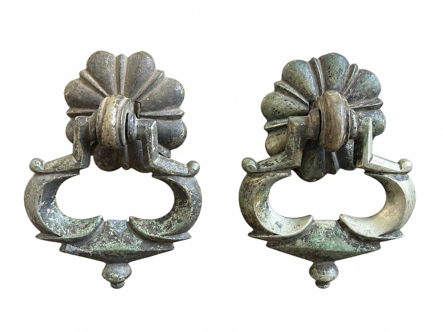 Antique French Brass Drawer Pulls Pair Ornate Rosette Drop Bail Hardware