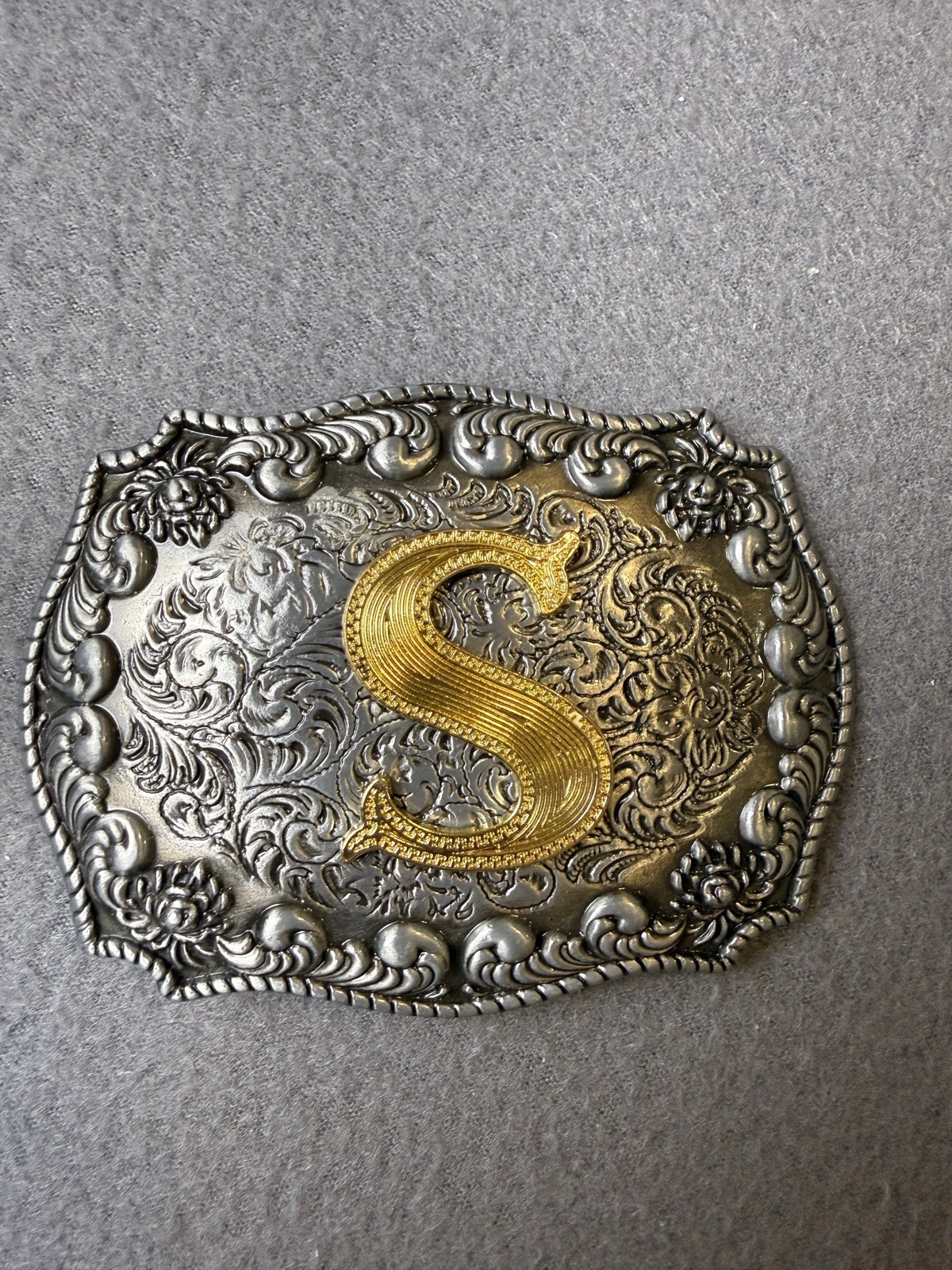 Vintage WMG Western Belt Buckle Initial S Gold Silver Tone Rodeo Cowboy Floral