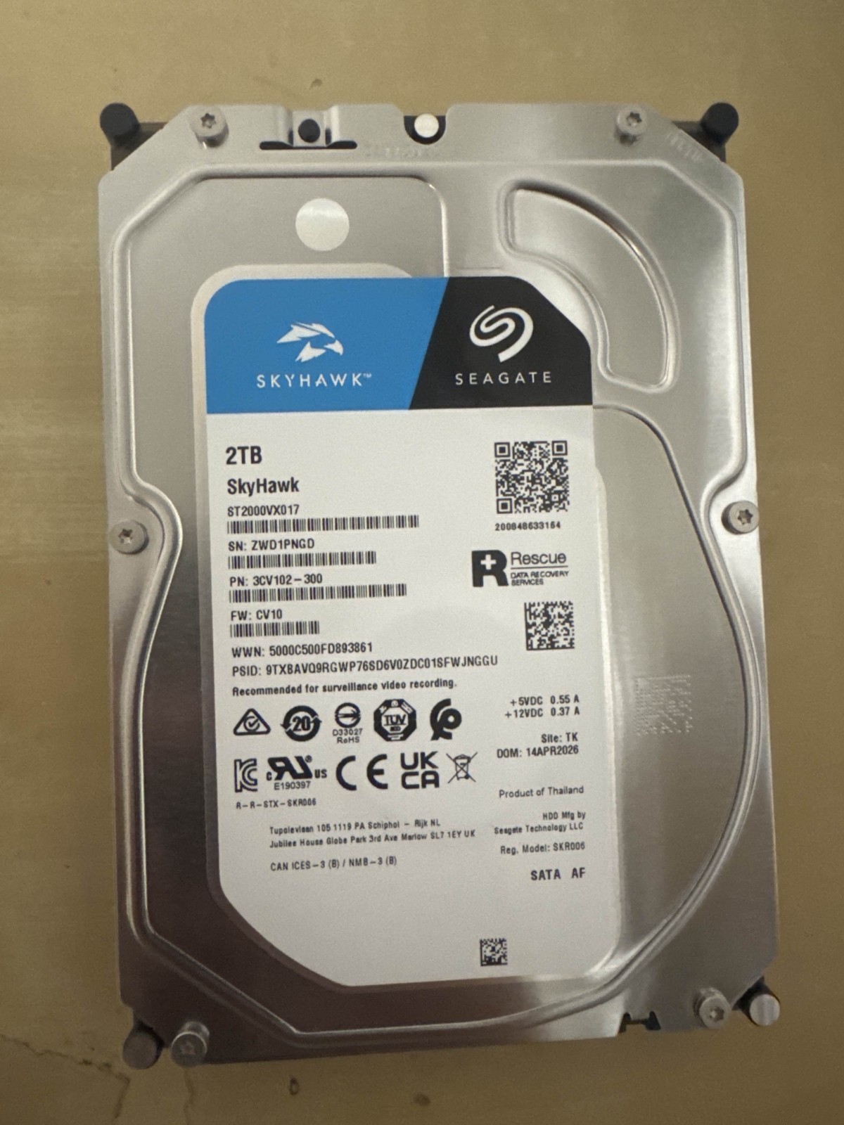SEAGATE SkyHawk ST2000VX017 2TB 5.4K 256MB SATA III 3.5'' Internal Desktop Drive SEAGATE SkyHawk ST2000VX017 2TB 5.4K 256MB SATA III 3.5'' Internal Desktop Drive