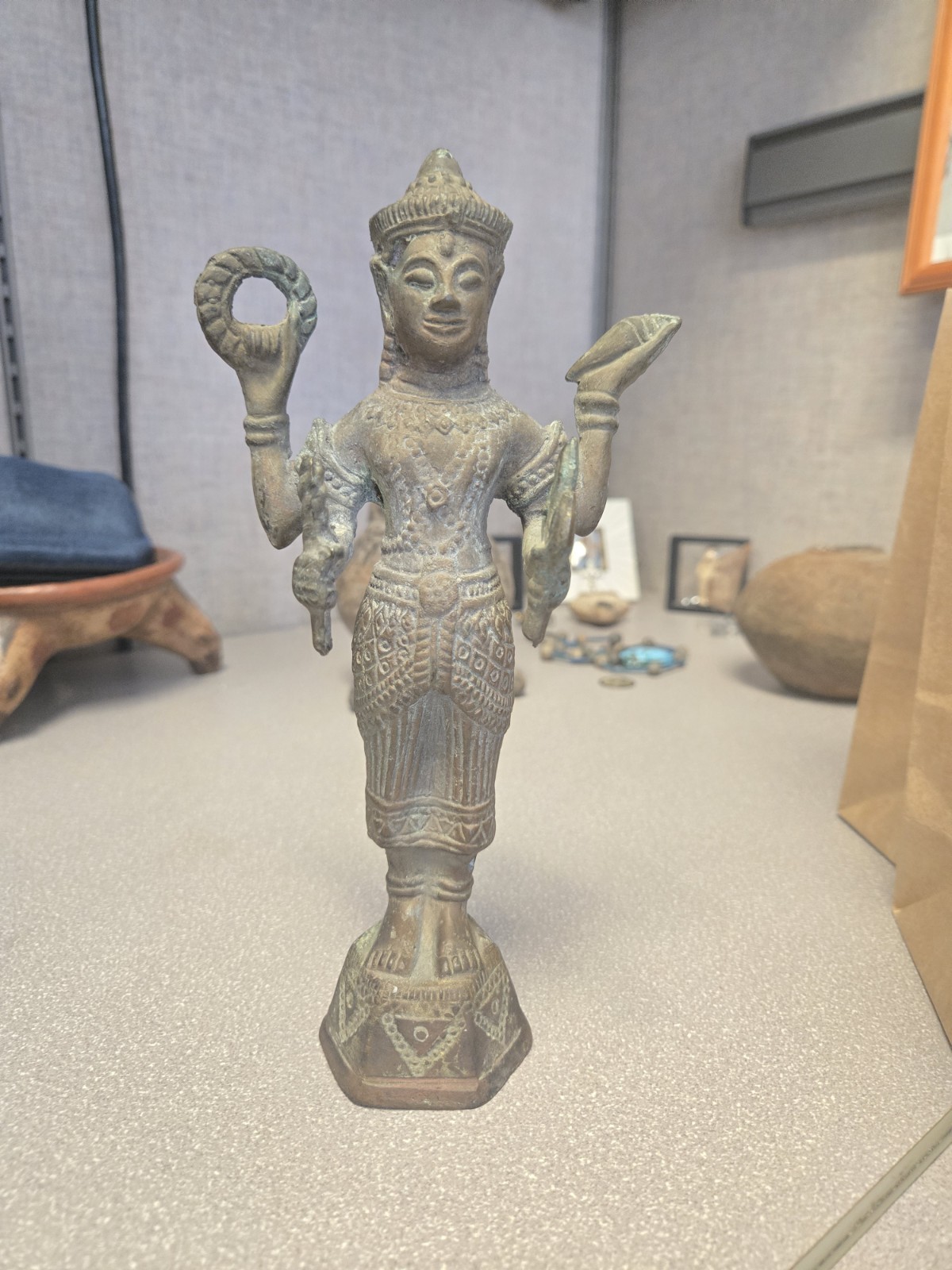 Antique Ancient Khmer Southeast Asian Bronze Lost Wax Statue of Lord Vishnu 