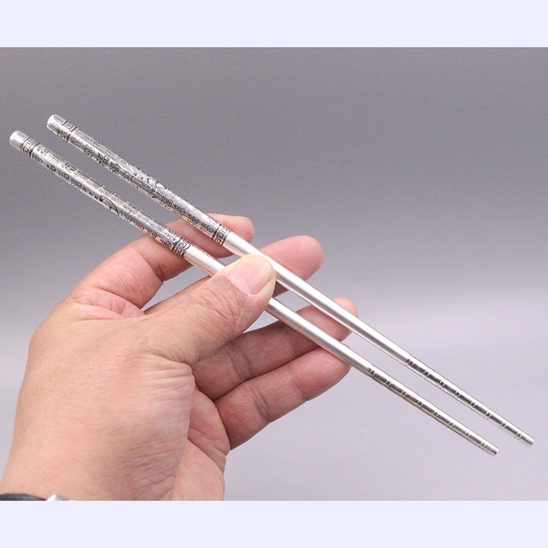 999 Solid Fine Silver Fu Character Pattern Chinese Healthy Chopsticks Cutlery