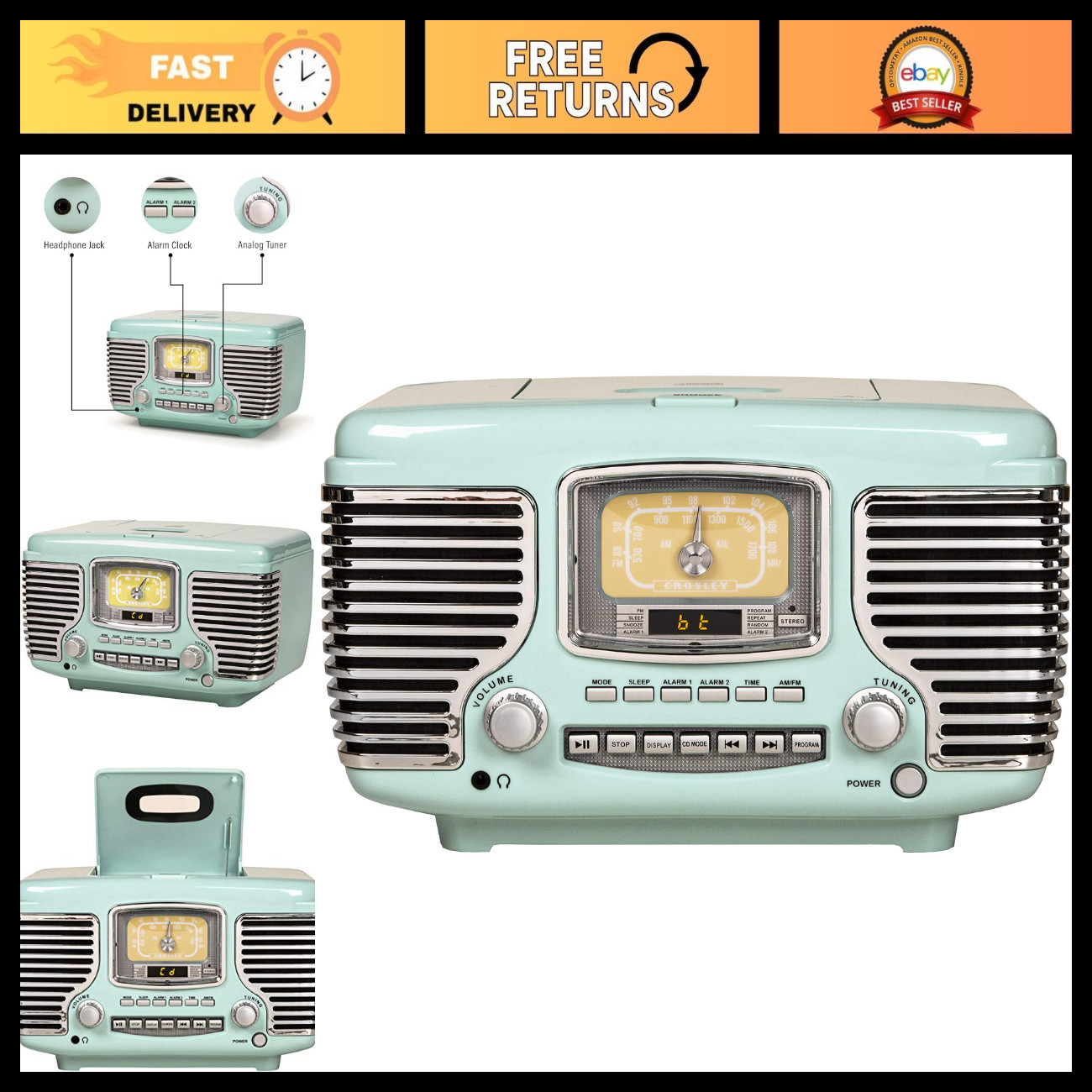 Vintage Aqua Blue Radio CD Player with Bluetooth, AM/FM, AUX Input - Retro Style Vintage Aqua Blue Radio CD Player with Bluetooth, AM/FM, AUX Input - Retro Style