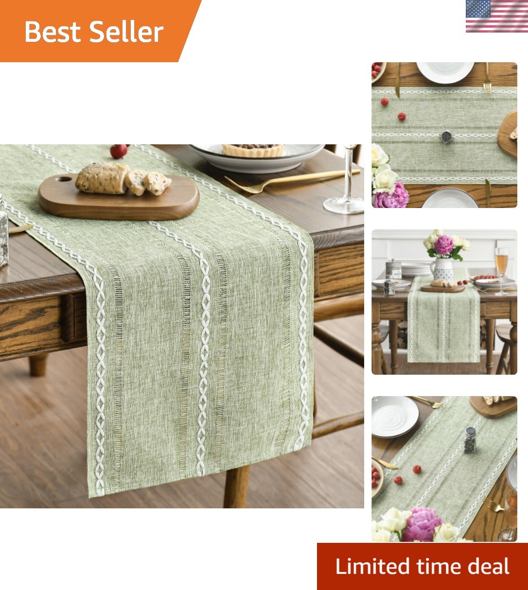 Sage Green Rustic Cotton Linen Table Runner, Seasonal Embroidered Hollow Kitc...