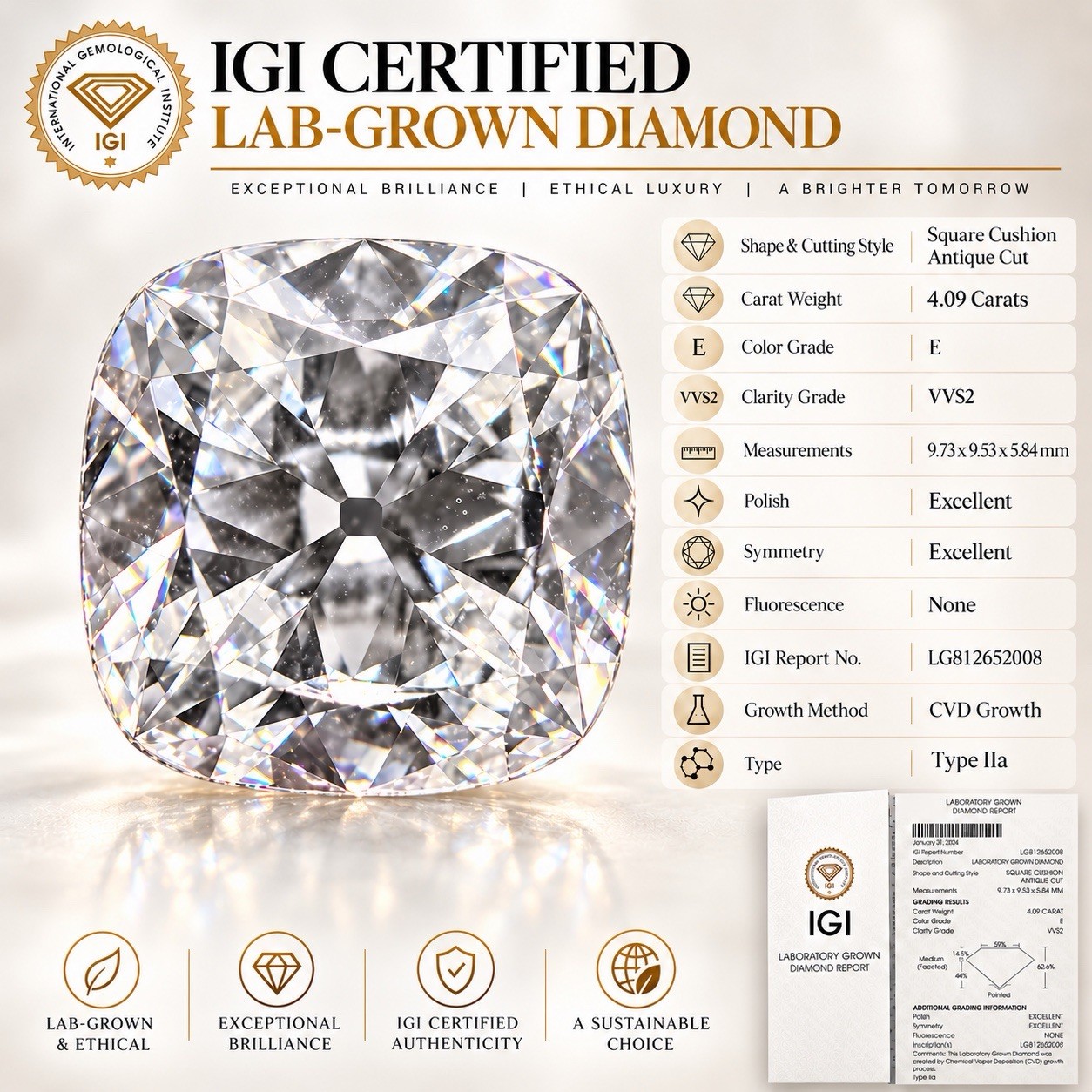 4.09 Ct E VVS2 Lab Grown Diamond IGI Square Cushion Antique Cut CVD