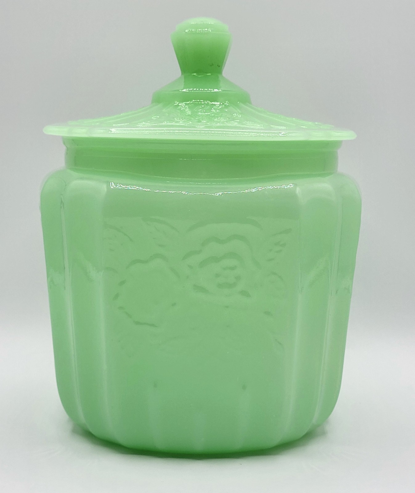 Vintage Style 2000s Opaque Jadeite Lidded Biscuit Jar Mayfair/Open Rose Pattern
