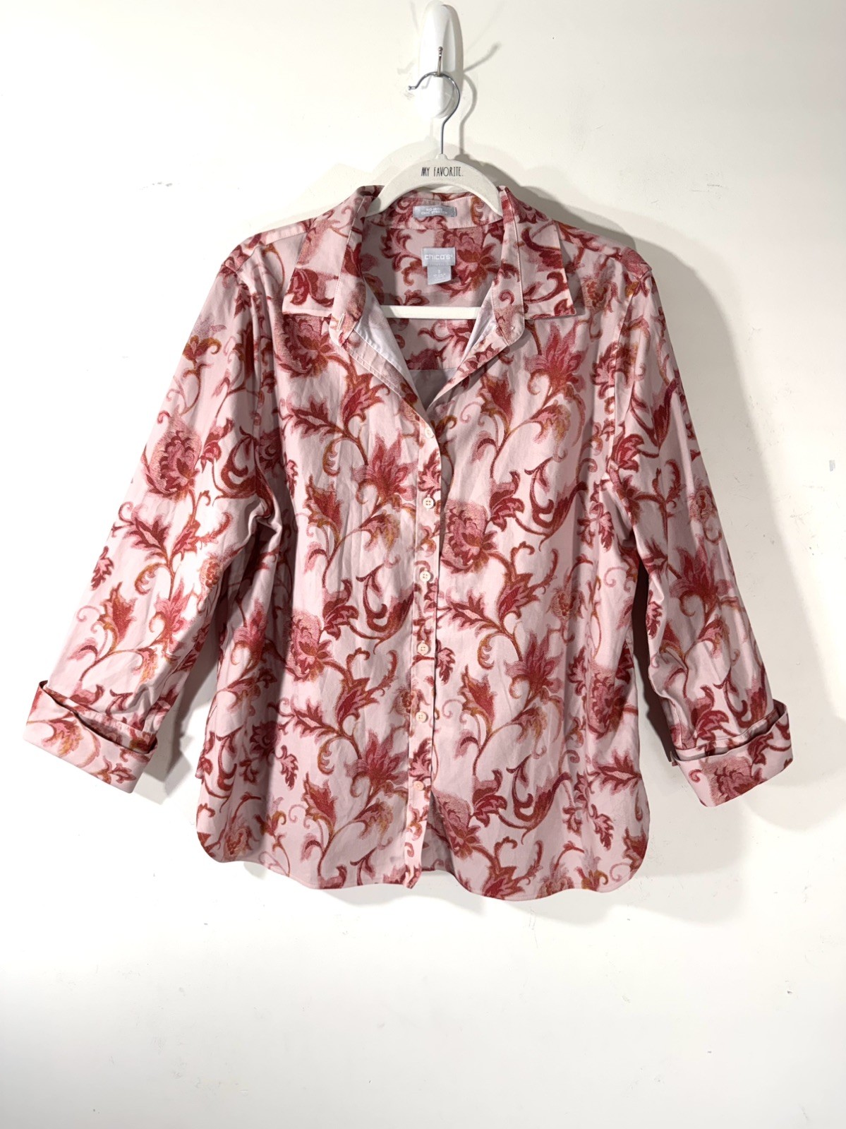 Chico\'s No Iron Pink Floral Cotton Stretch Blouse Size XL Cuff Sleeve 