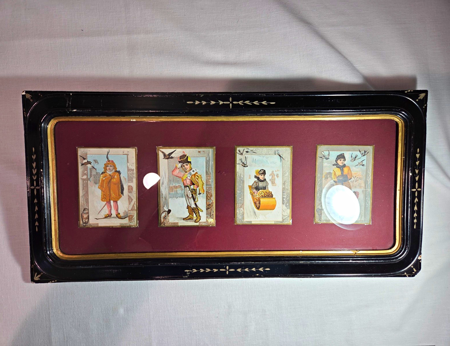 Antique Victorian Eastlake Aesthetic Ebonized Gilt Frame 4 Chromolithographs