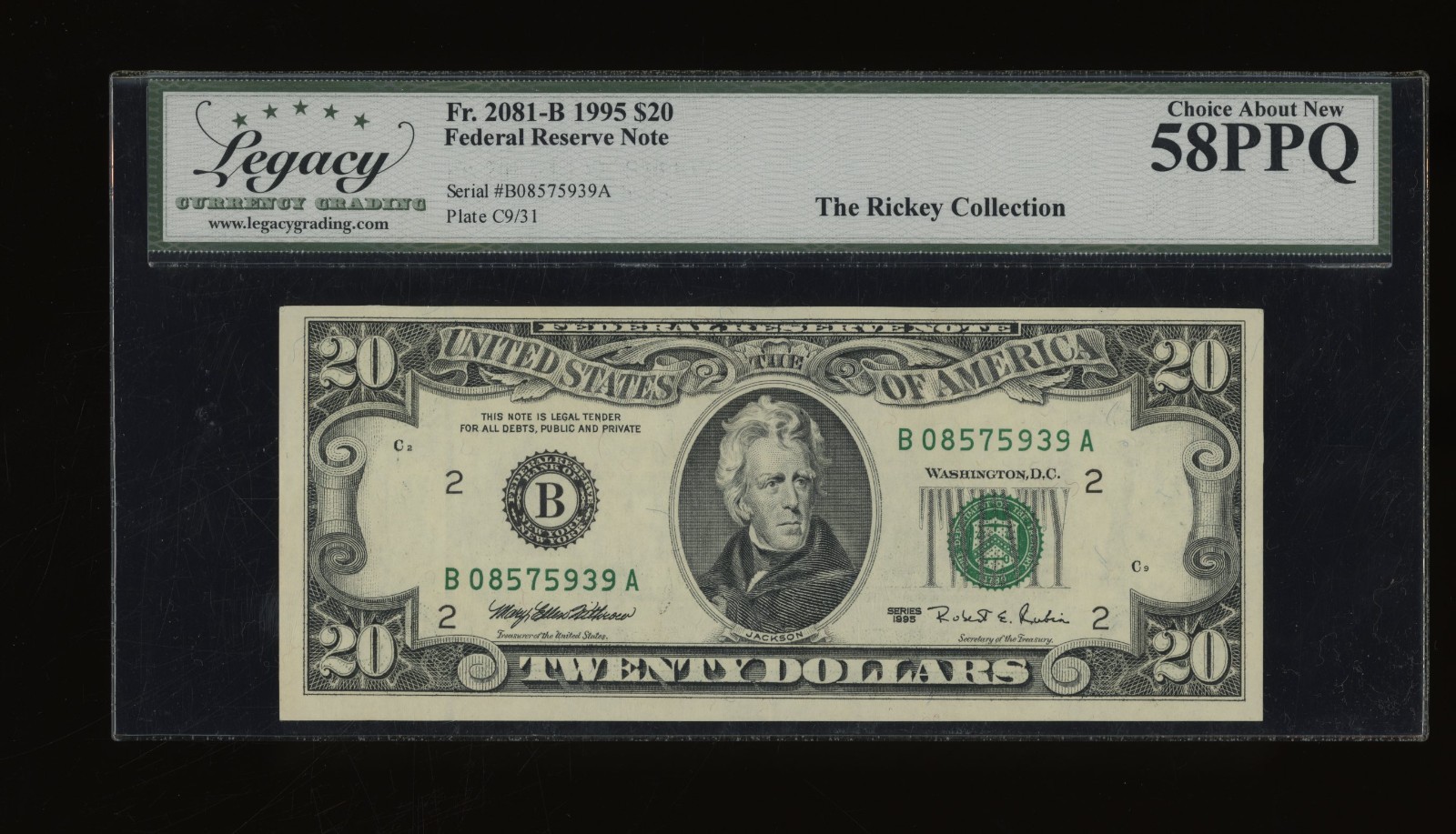 DBR 1995 $20 FRN New York Fr. 2081-B Legacy 58 PPQ Serial B08575939A