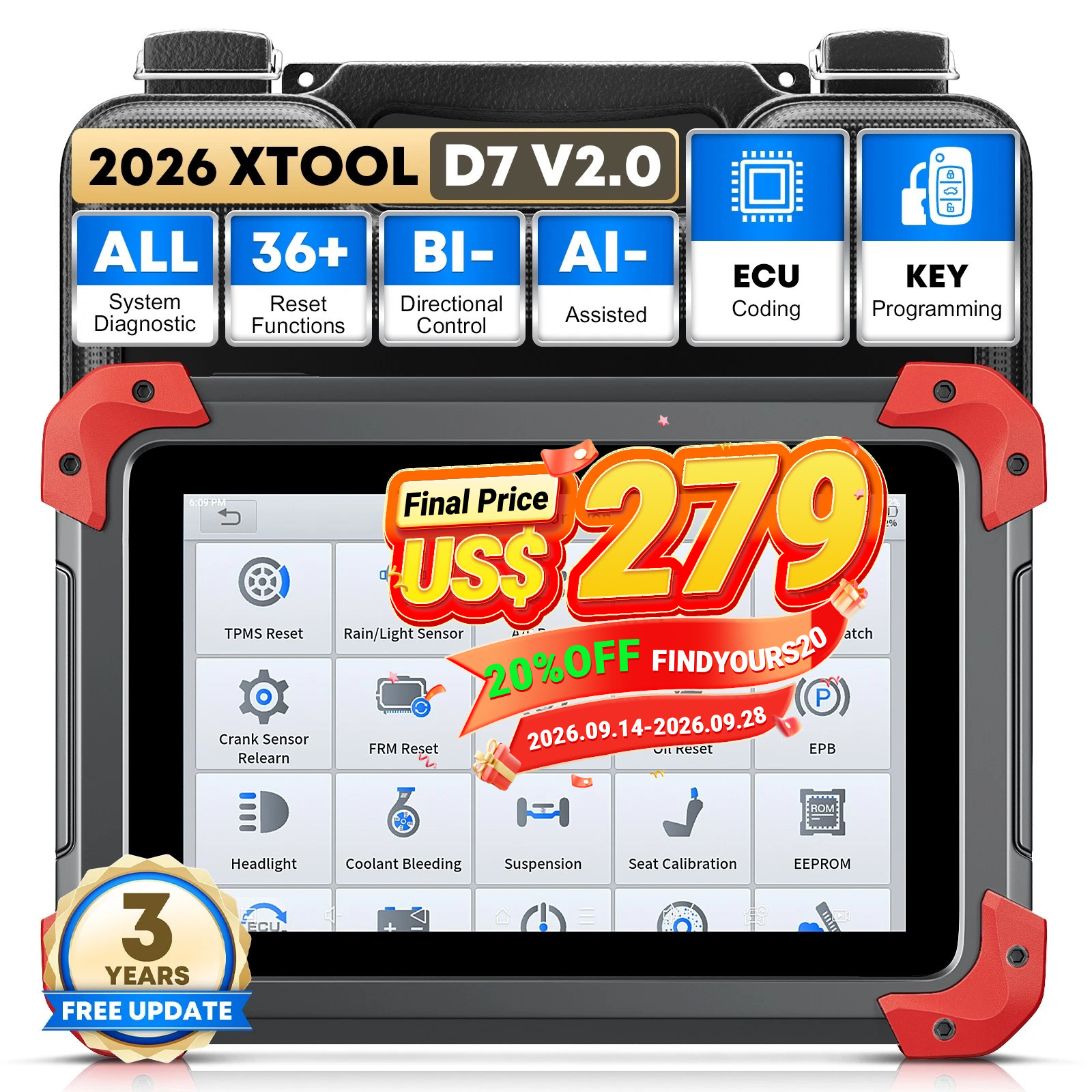 2026 XTOOL D7 V2.0 Bi-directional OBD2 Diagnostic Tool All System Coding Scanner