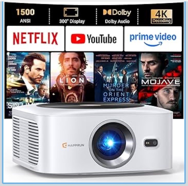 🔥HAPPRUN J7  Projector 1500 ANSI 4K Auto Focus BT Dolby Audio