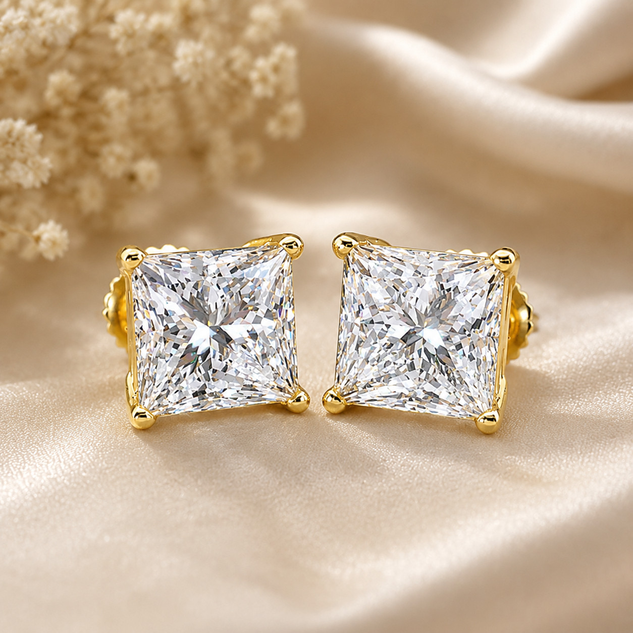 4.00 Ct Princess Lab Grown Diamond Studs Earrings 14k Yellow Gold IGI Certified