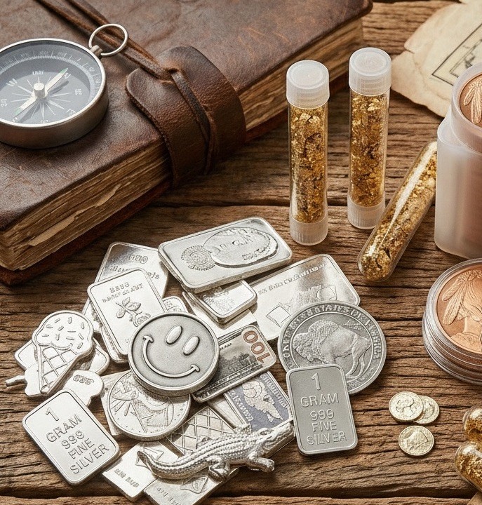 Gold & Silver Estate Bundle - 3 Gold Flake Vials with 5 Solid Silver Bars