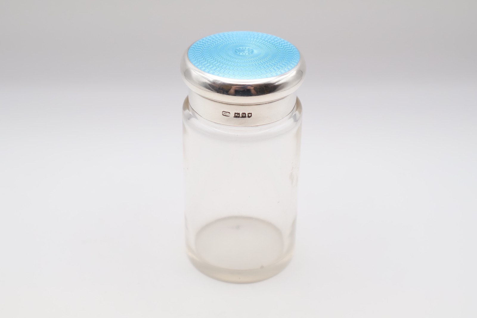 Lovely Antique Silver Guilloche Enamel Dressing Jar Hallmarked London 1935
