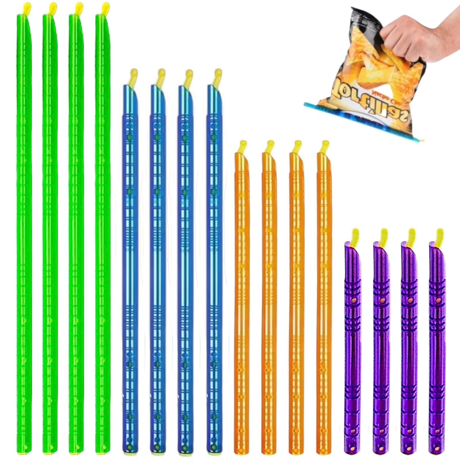 16Pc - Magic Bag Sealer Sticks, Reusable Plastic Food Storage Clips in 4 Sizes,