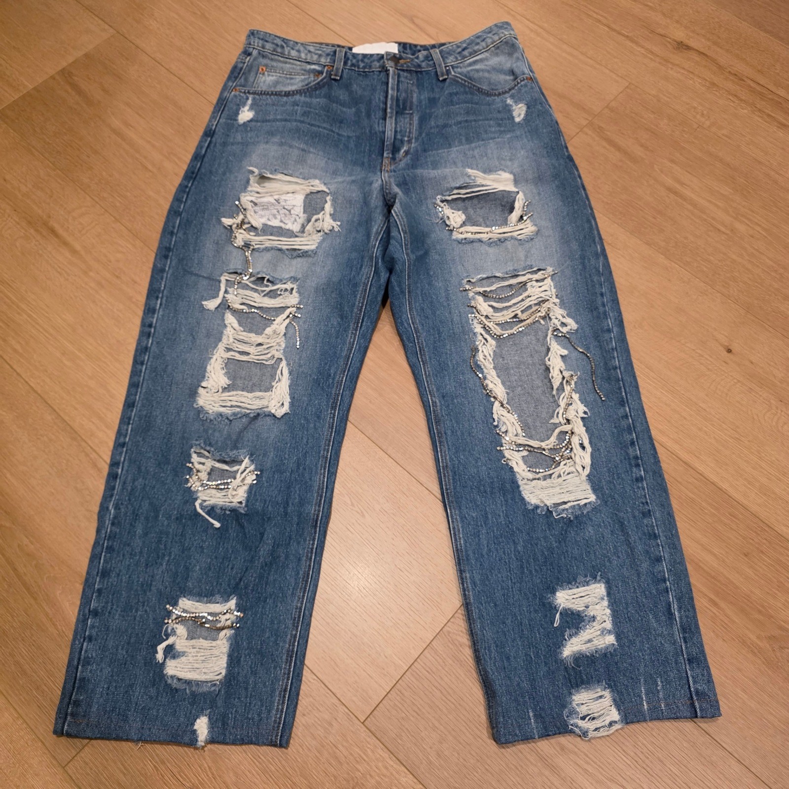Naked Wardrobe Denim Straight Leg Jeans Blue Fits 34x29 Rhinestone Distressed