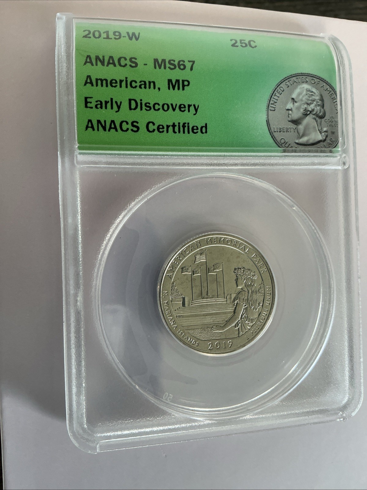 2019 W AMERICAN MEMORIAL PARK MP ANACS MS67 EARLY DISCOVERY 25 Cent Coin 2019 W AMERICAN MEMORIAL PARK MP ANACS MS67 EARLY DISCOVERY 25 Cent Coin