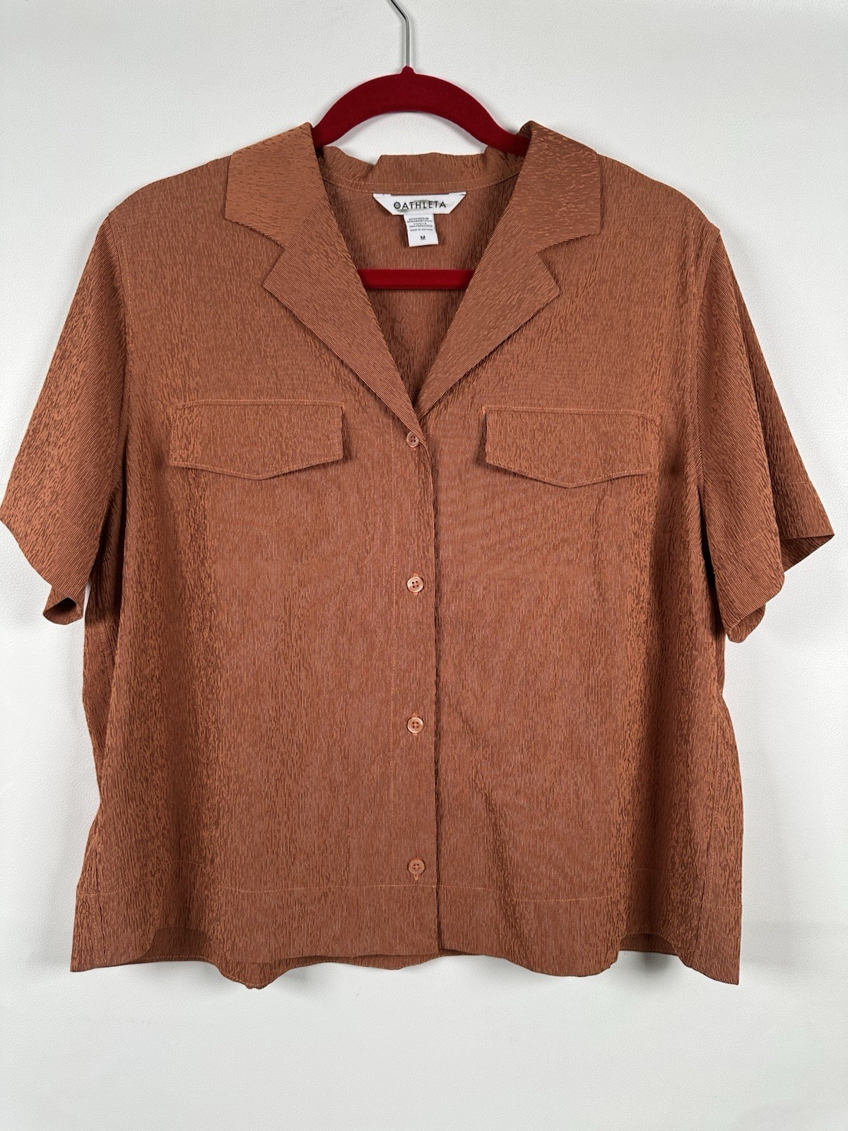 Athleta Echo Top Short Sleeve Button Down Shirt Terracotta Size M NWOT
