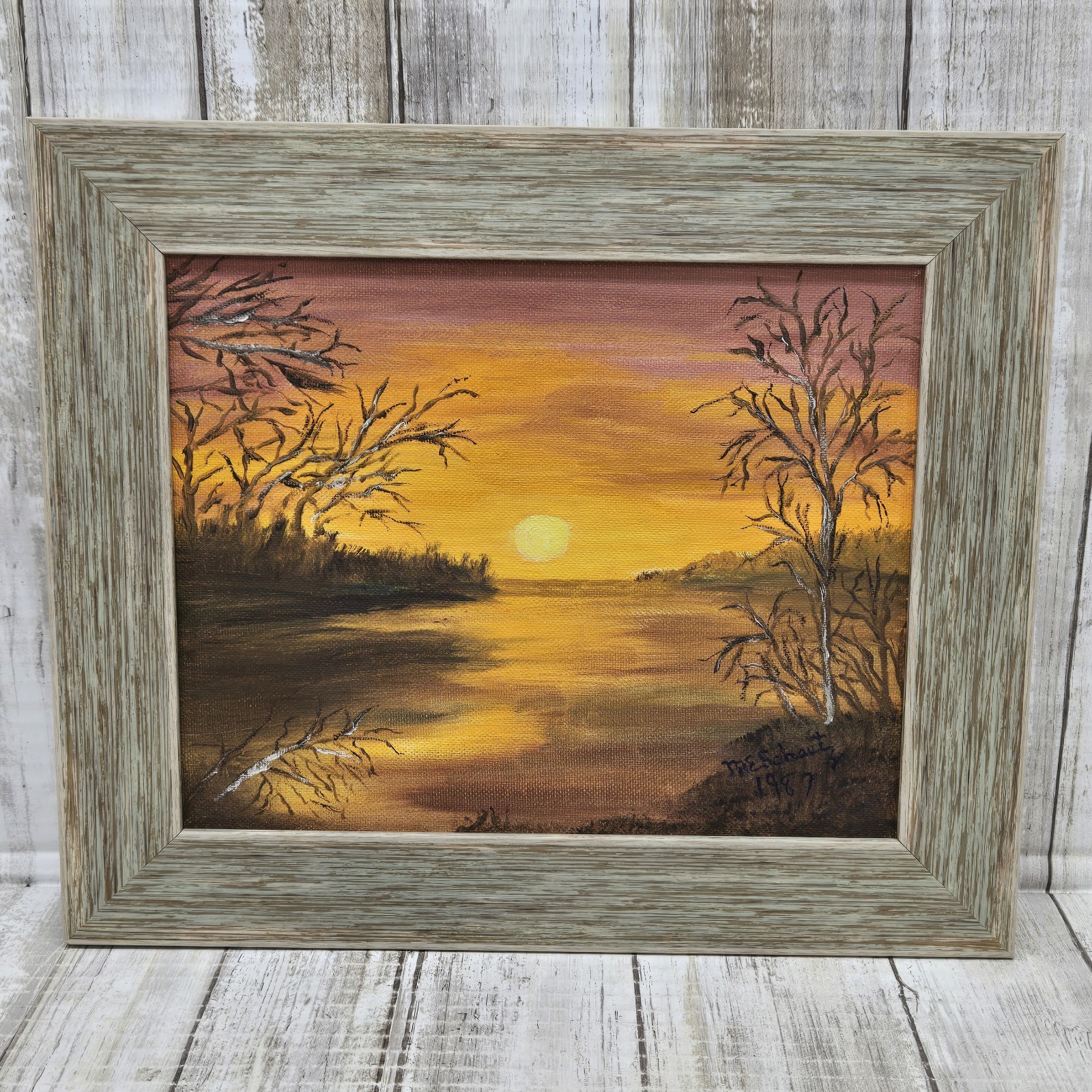 Sunset On The Lake Signed Meschaut 1987 Original Oil Painting VTG Rare 
