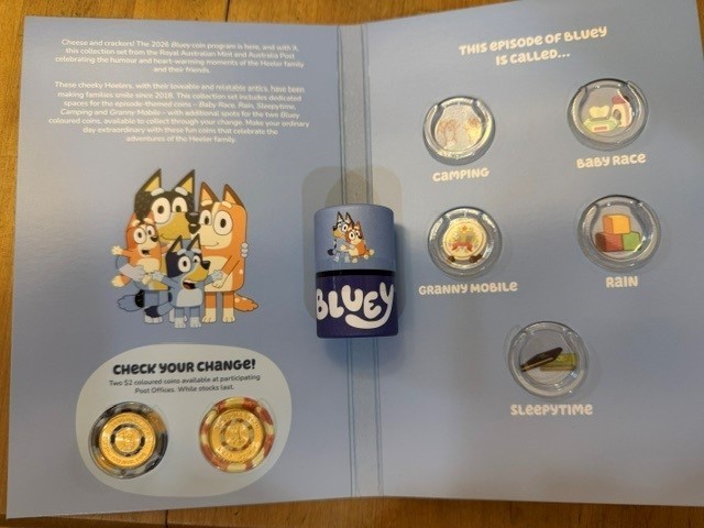 2026 Bluey 7 Coin Sealed Tube $2 Collection, Colored till coins BINGO sleepytime 2026 Bluey 7 Coin Sealed Tube $2 Collection, Colored till coins BINGO sleepytime