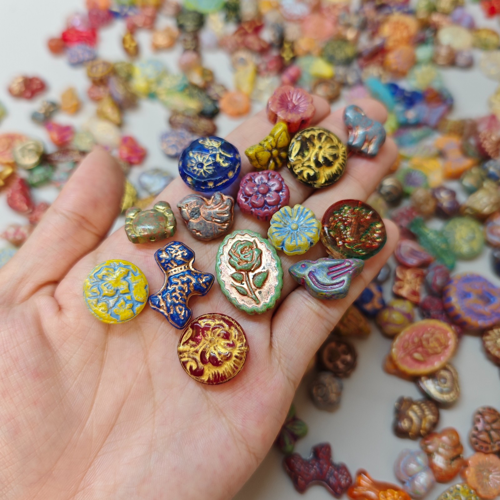 Vintage Style Czech  Glass Beads Handmade Fired Gold Painted Mixed Shapes