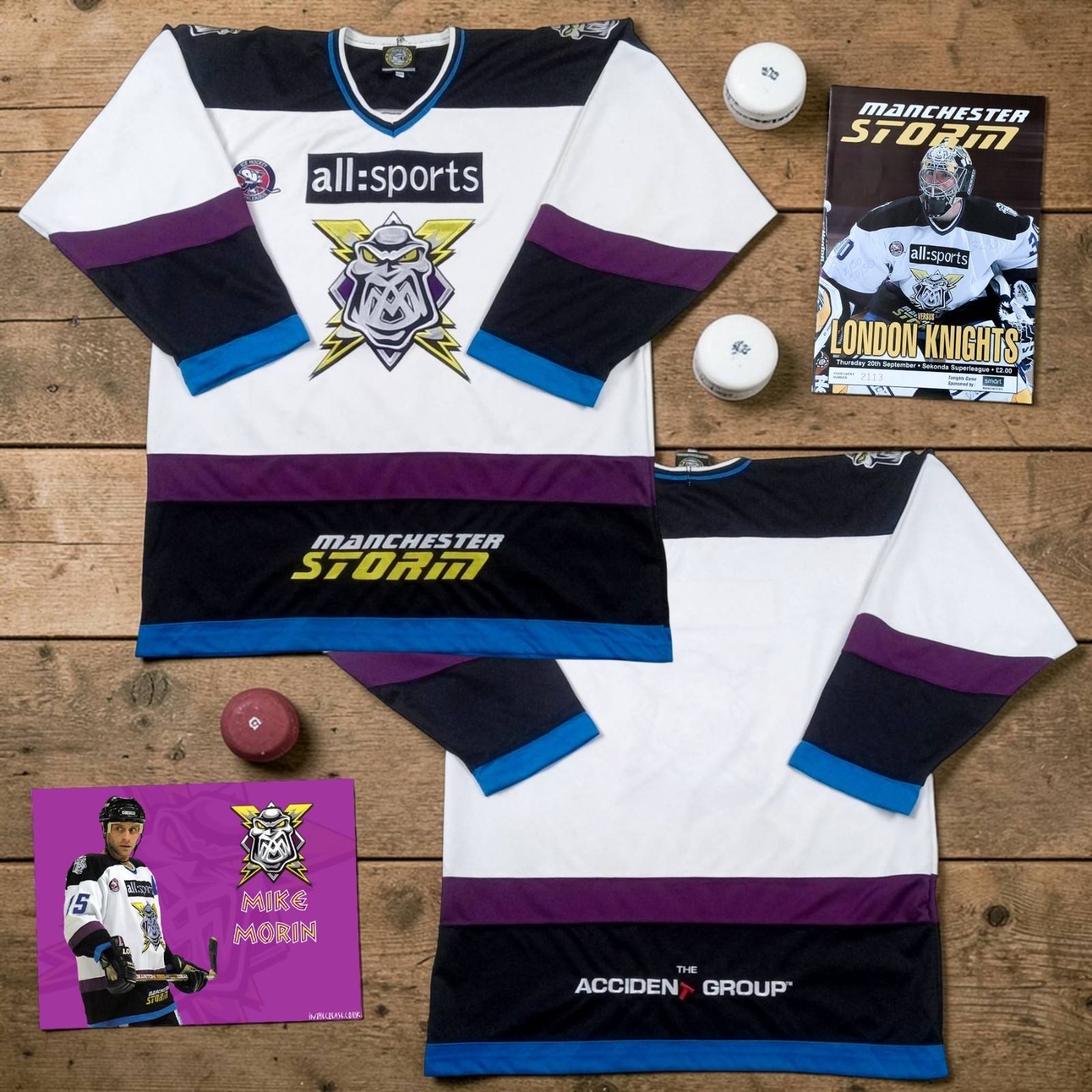 RARE VTG 2001/02 Manchester Storm Jersey Shinedog Ice Hockey Superleague Sz 3XL