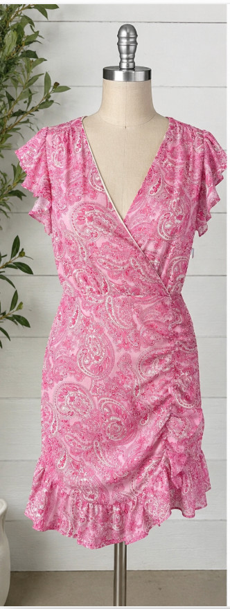 NSR Womens Pink Paisley Wrap Mini Dress Size M Ruched Ruffle Flutter Sleeve NWT