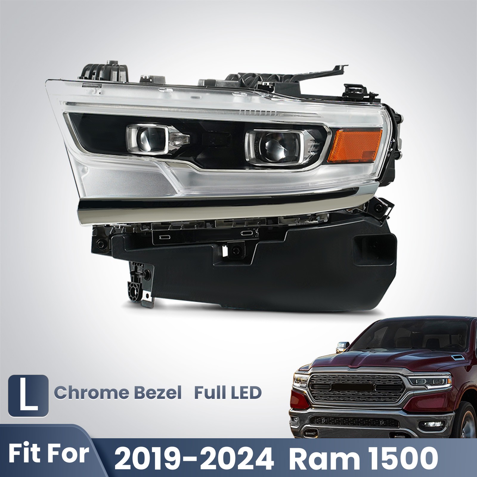 For 2019-2024 Ram 1500 Full LED Projector Headlight Chrome With AFS Left Driver