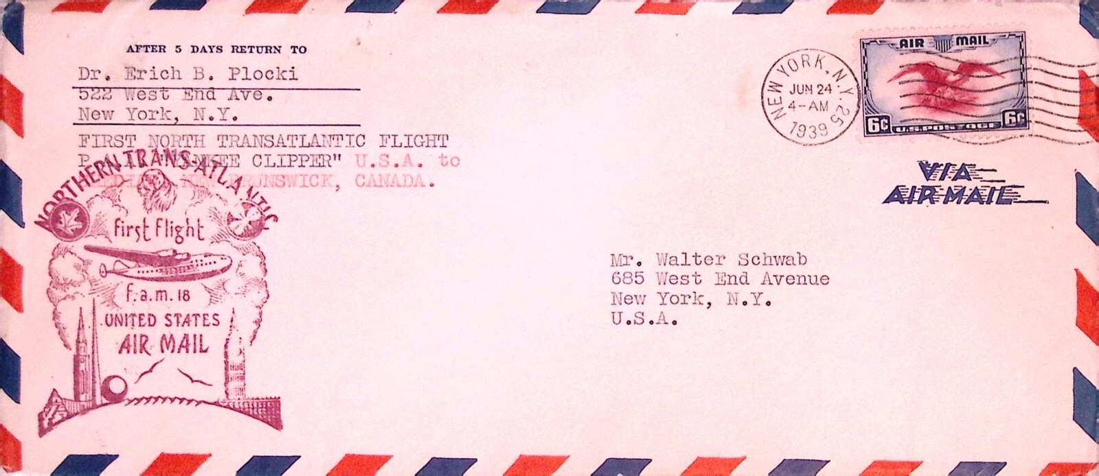 1939 Northern Trans-Atlantic Clipper First Flight Air Mail Cover Envelope