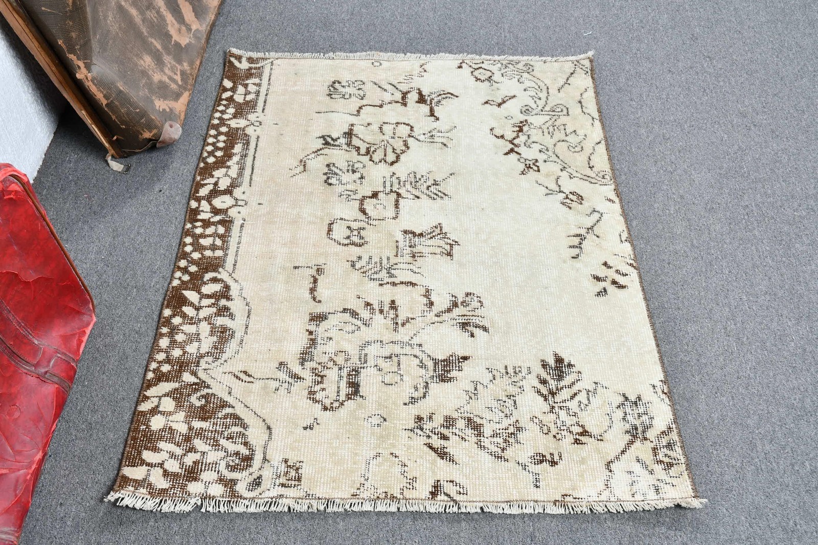 Turkish Small Rug 3,1x3,8 ft, Brown Ikat Vintage Wool Rug