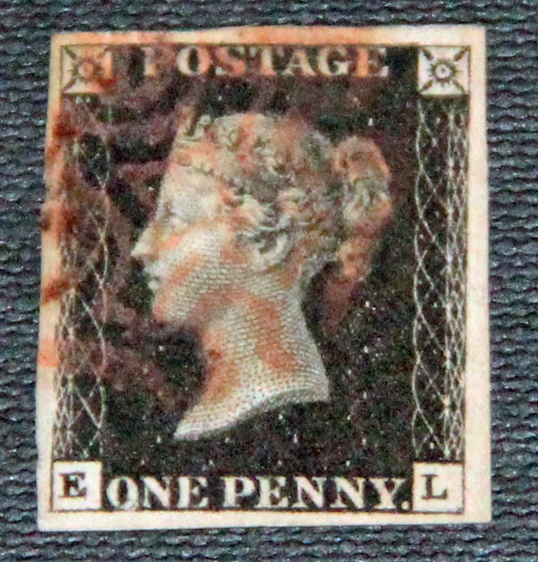 GB QV 1840 1d Penny Black. 4 margins. Red maltese cross EL letters O flaw GB QV 1840 1d Penny Black. 4 margins. Red maltese cross EL letters O flaw