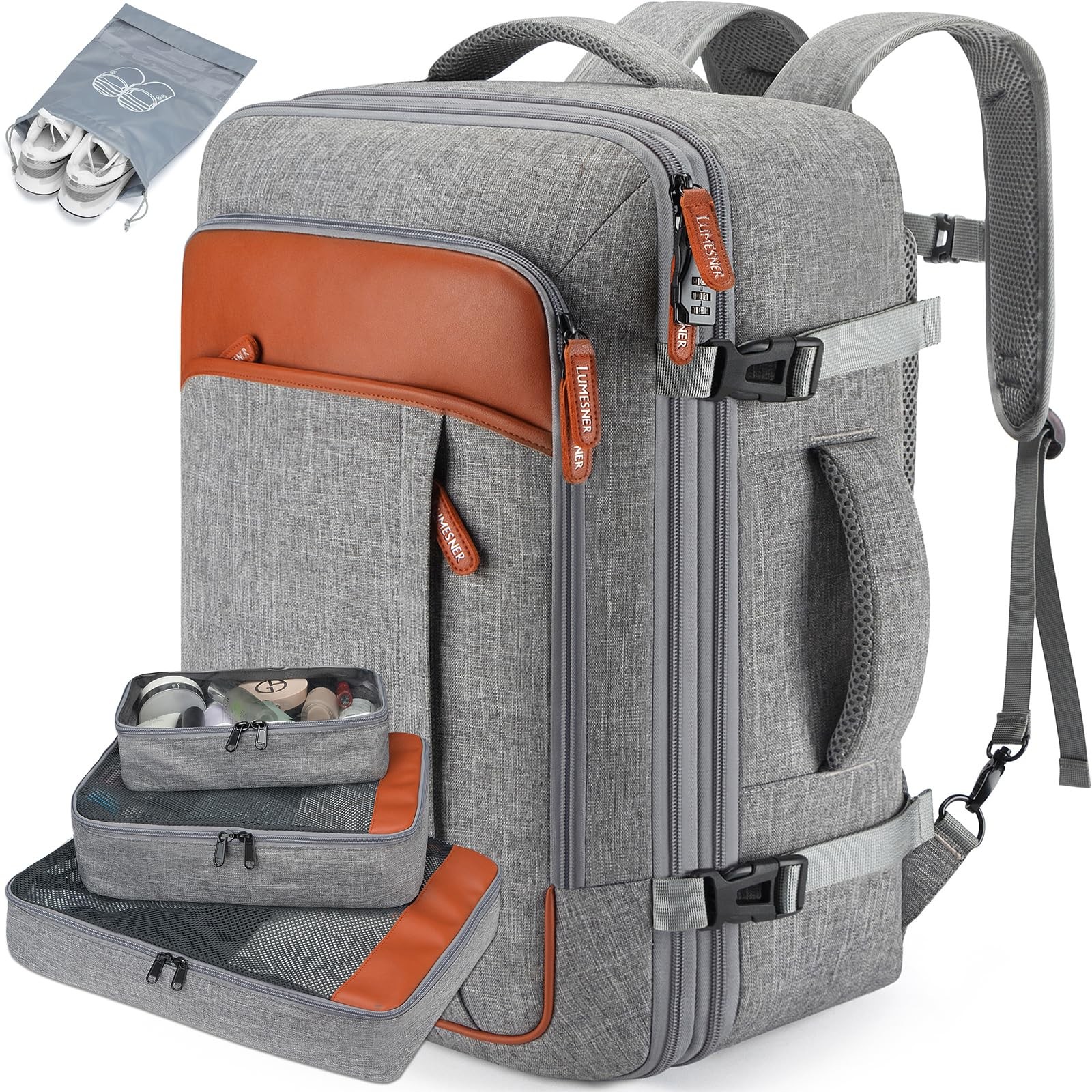 Lumesner 40L Expandable Travel Backpack, Carry On Backpack 20 inches, Grey