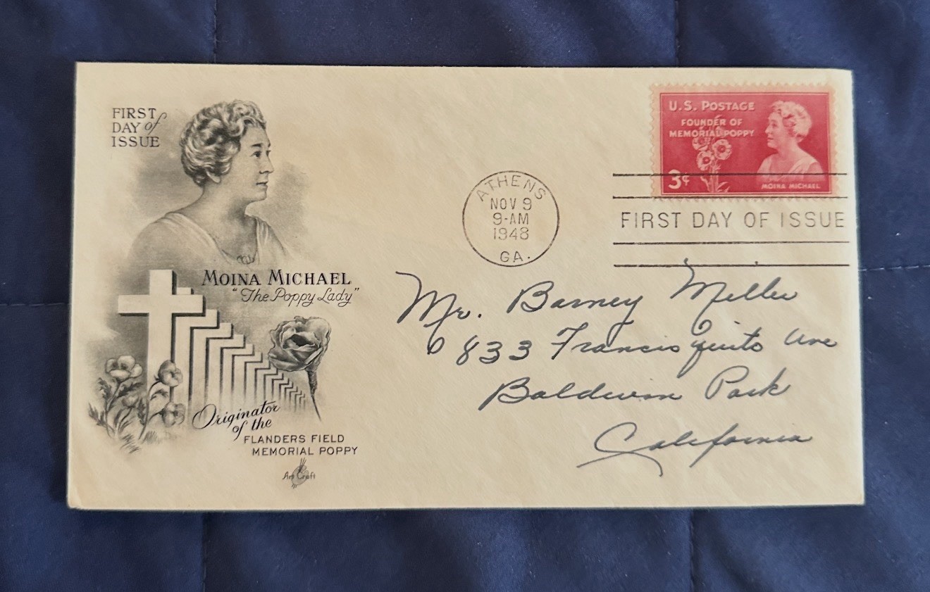 Scott 977 Moina Michael Nov 9, 1948 Artcraft Cachet FDC Addressed