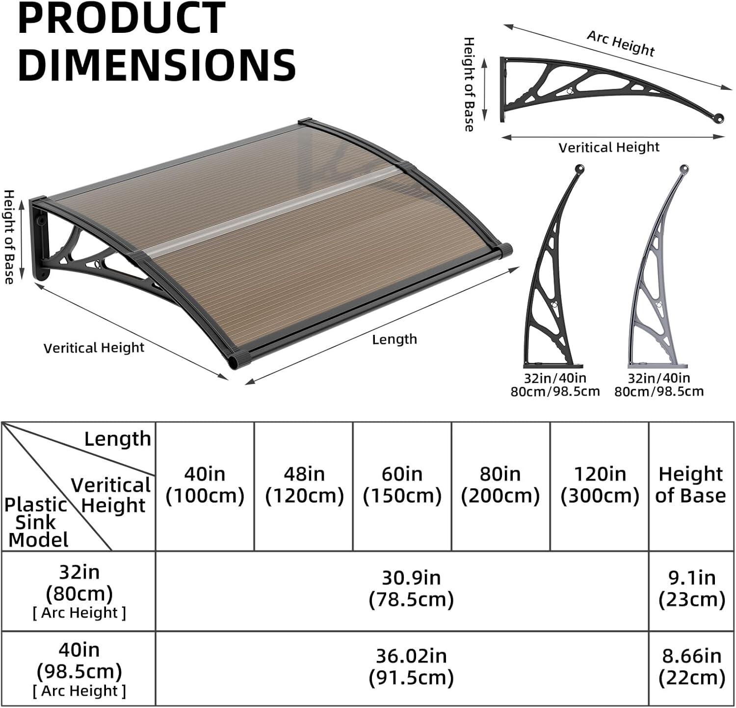 DIY Window Awning Front Door Eaves Canopy Polycarbonate Roof Cover w/ Large Sink