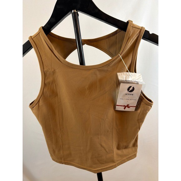 ICTIVE Womens Camel Tan Open Back Strappy Athletic Crop Top Size M NWT ICTIVE Womens Camel Tan Open Back Strappy Athletic Crop Top Size M NWT