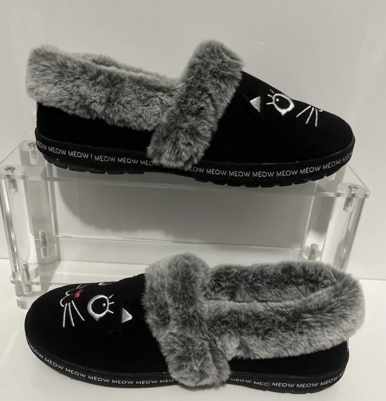 Bob\'s by Skechers Women\'s Too Cozy Meow Cat Black Slippers-Size 8 Bob\'s by Skechers Women\'s Too Cozy Meow Cat Black Slippers-Size 8