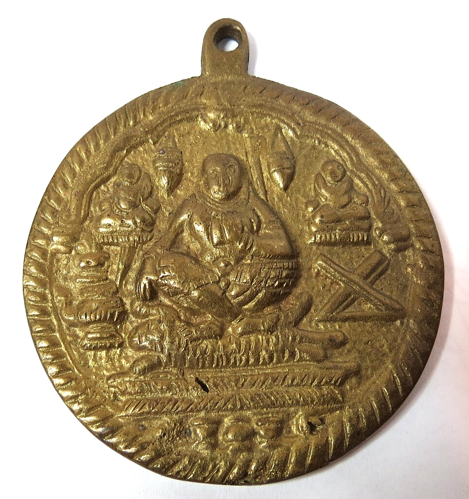 ANTIQUE RARE GILDED BRONZE MEDAL DECOR BUDDHA INDIA PENDANT 3