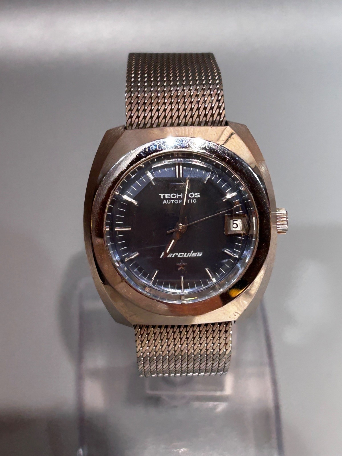 TECHNOS Hercules Automatic Vintage Men\'s Watch Blue Dial 1970s SS Milanese Runs TECHNOS Hercules Automatic Vintage Men\'s Watch Blue Dial 1970s SS Milanese Runs