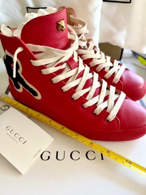 Gucci Red Leather Panther High Top Sneakers Men\'s 5.5 Authentic Designer Shoes
