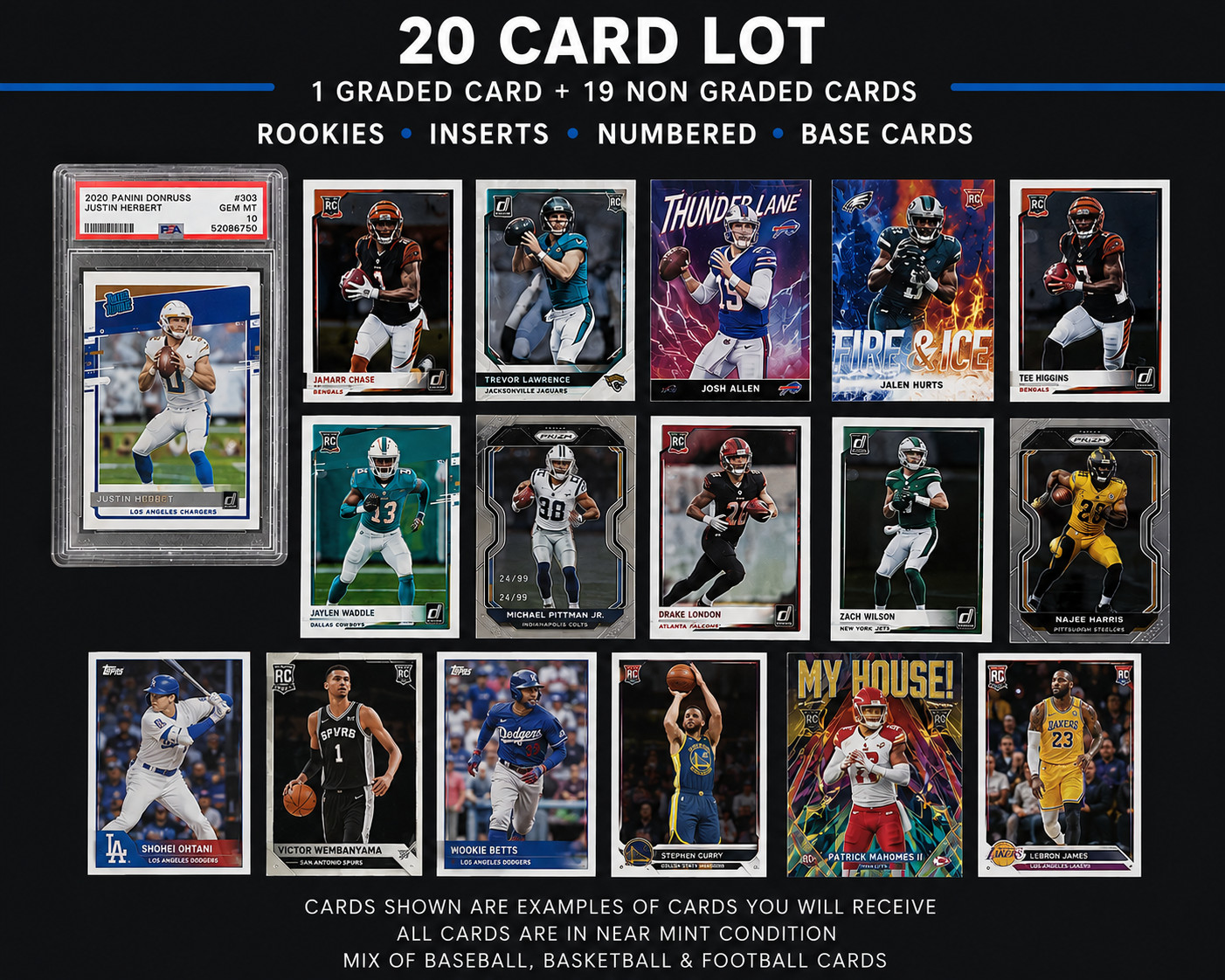20 Card Sports Mystery Lot | 1 Graded + 19 RC, Inserts & More