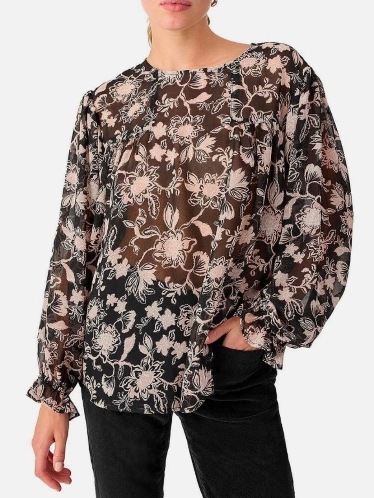 🐢NWT Sanctuary Black Sheer Blouse with Blush Floral Print