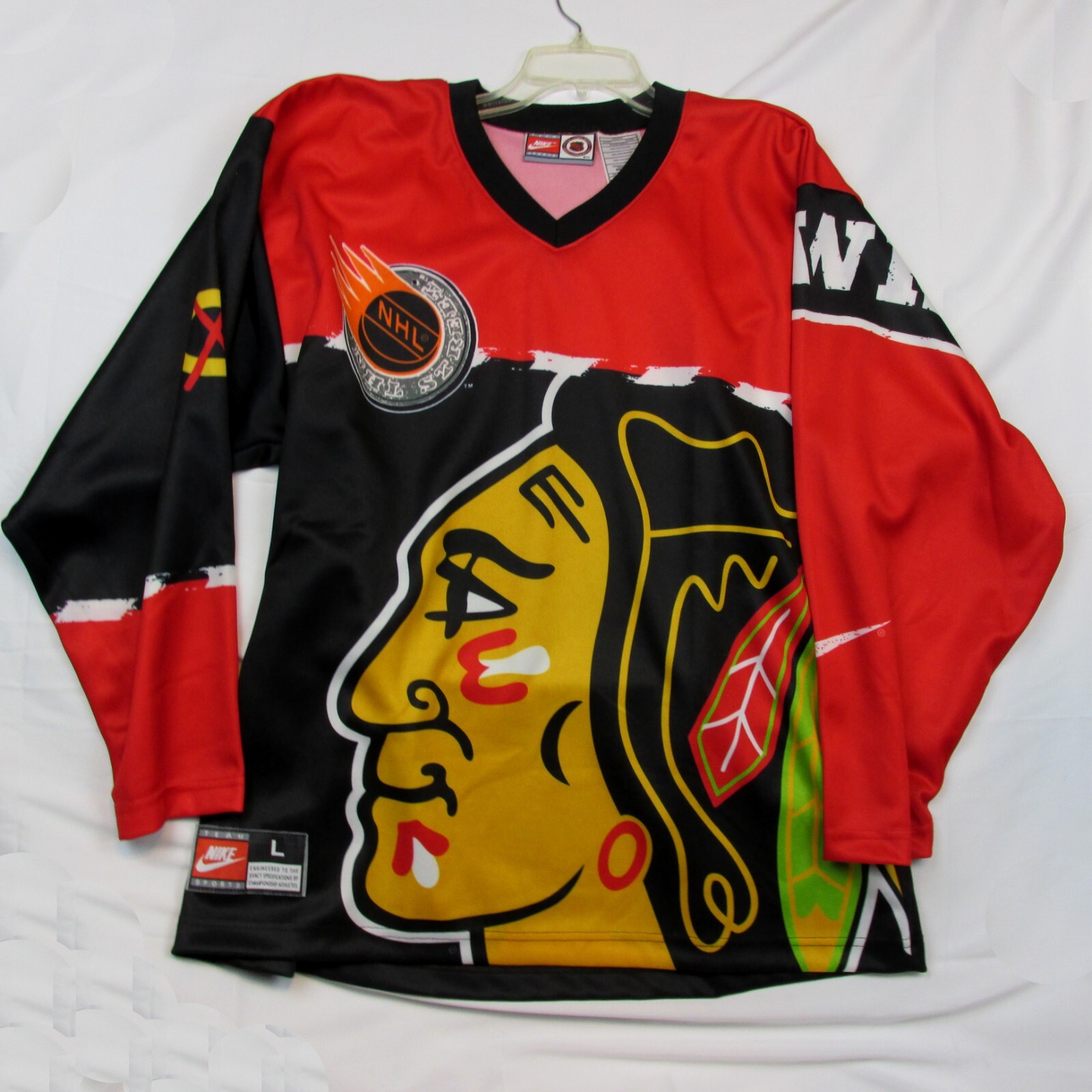 Vtg Chicago Blackhawks Nike 1990s All Over Print Hockey Jersey Men\'s LARGE NHL