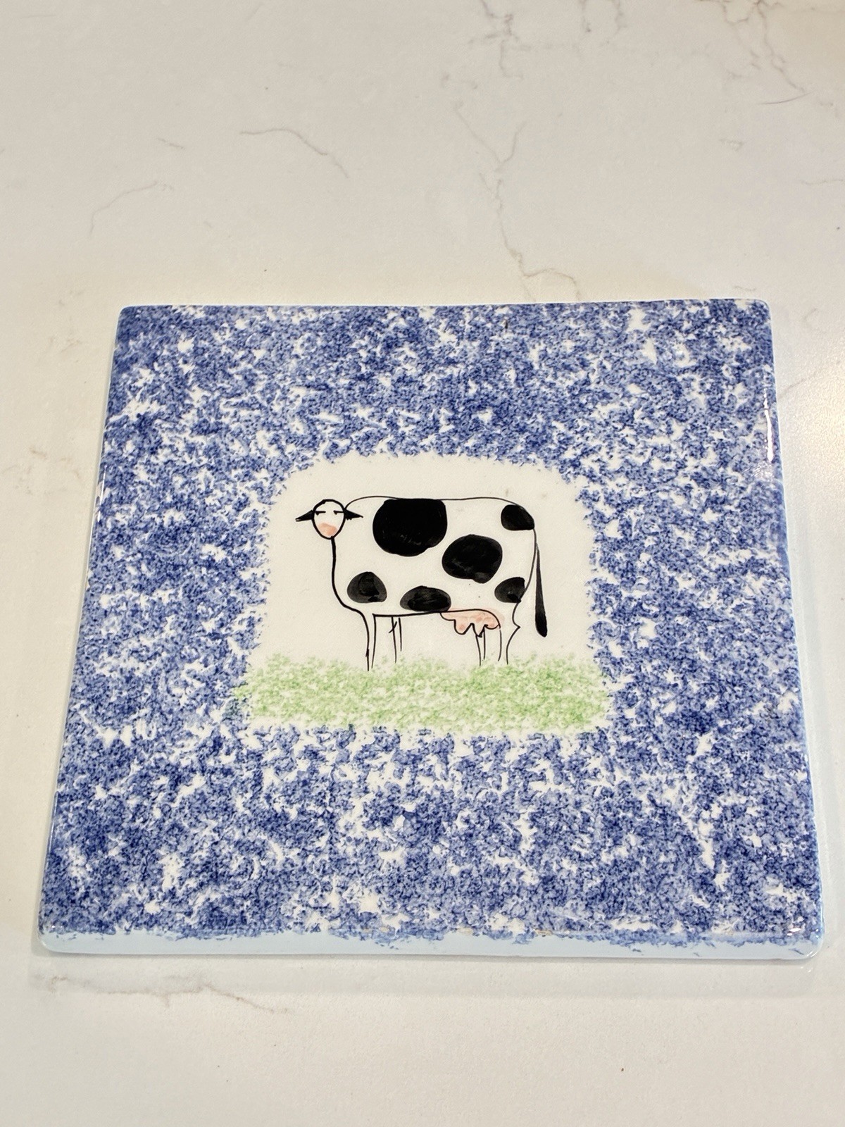 Vintage Italian Majolica Hand-Painted Cow Ceramic Trivet / Tile – Blue Sponge