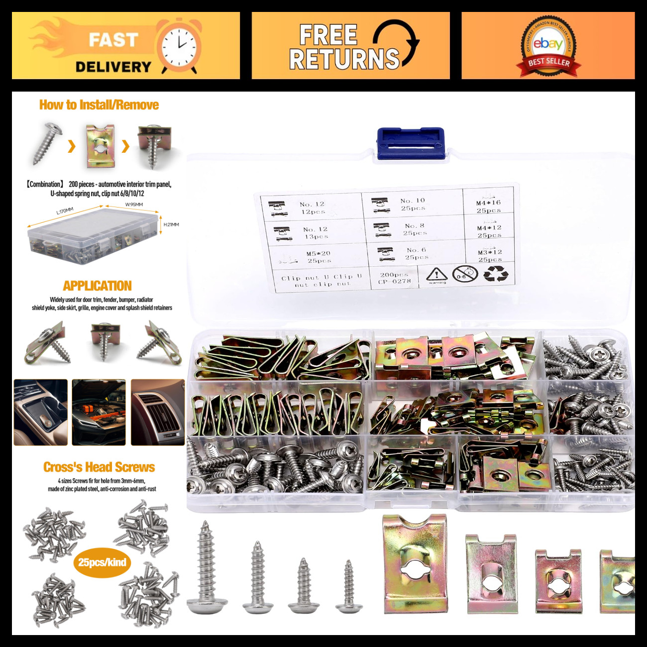 100PCS Automotive U-Clips & Fasteners Set - Car Interior Trim Screws Assortment