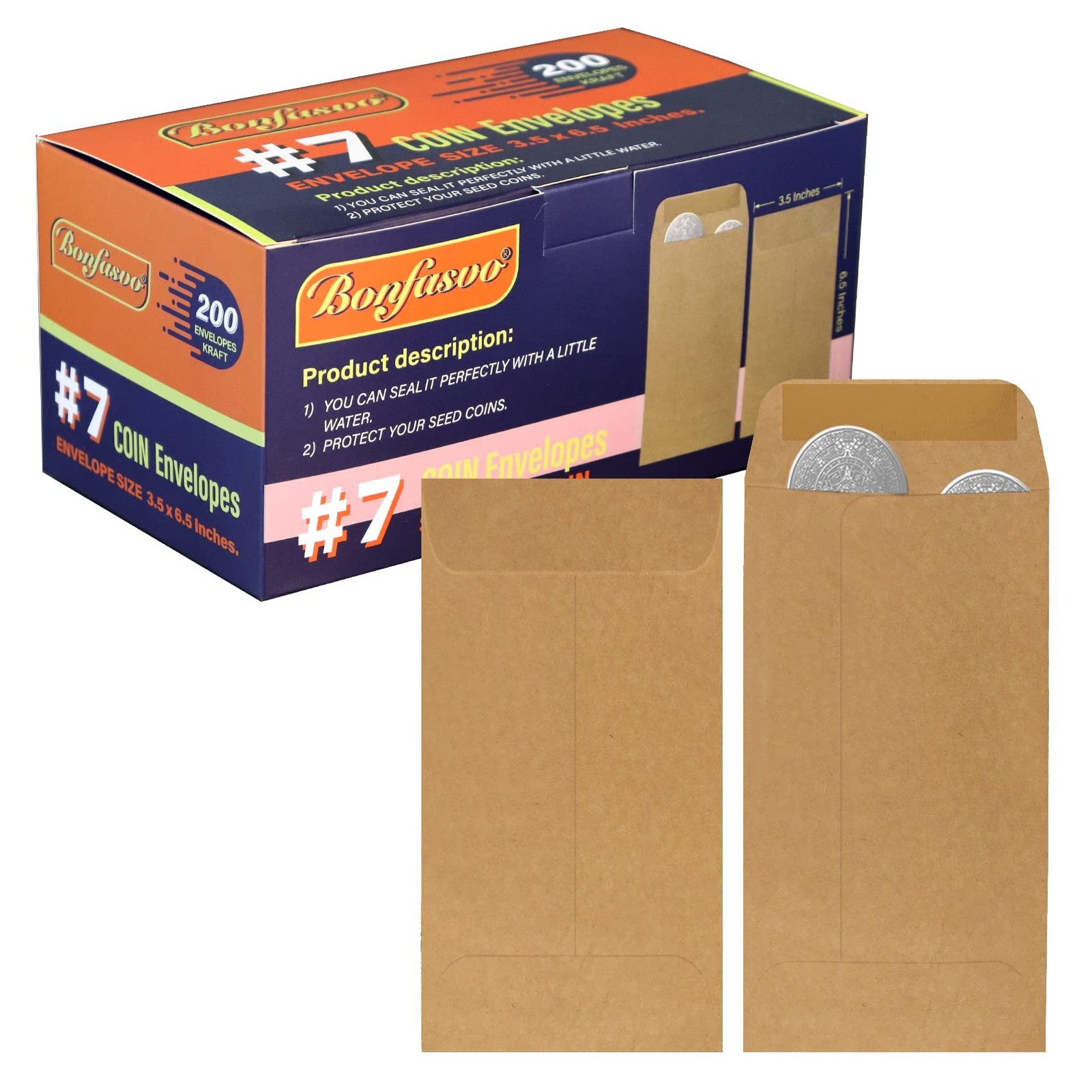 200 Pack #7 Kraft coin envelope 3.5 x 6.5 inches Kraft Envelopes Classic Smal...