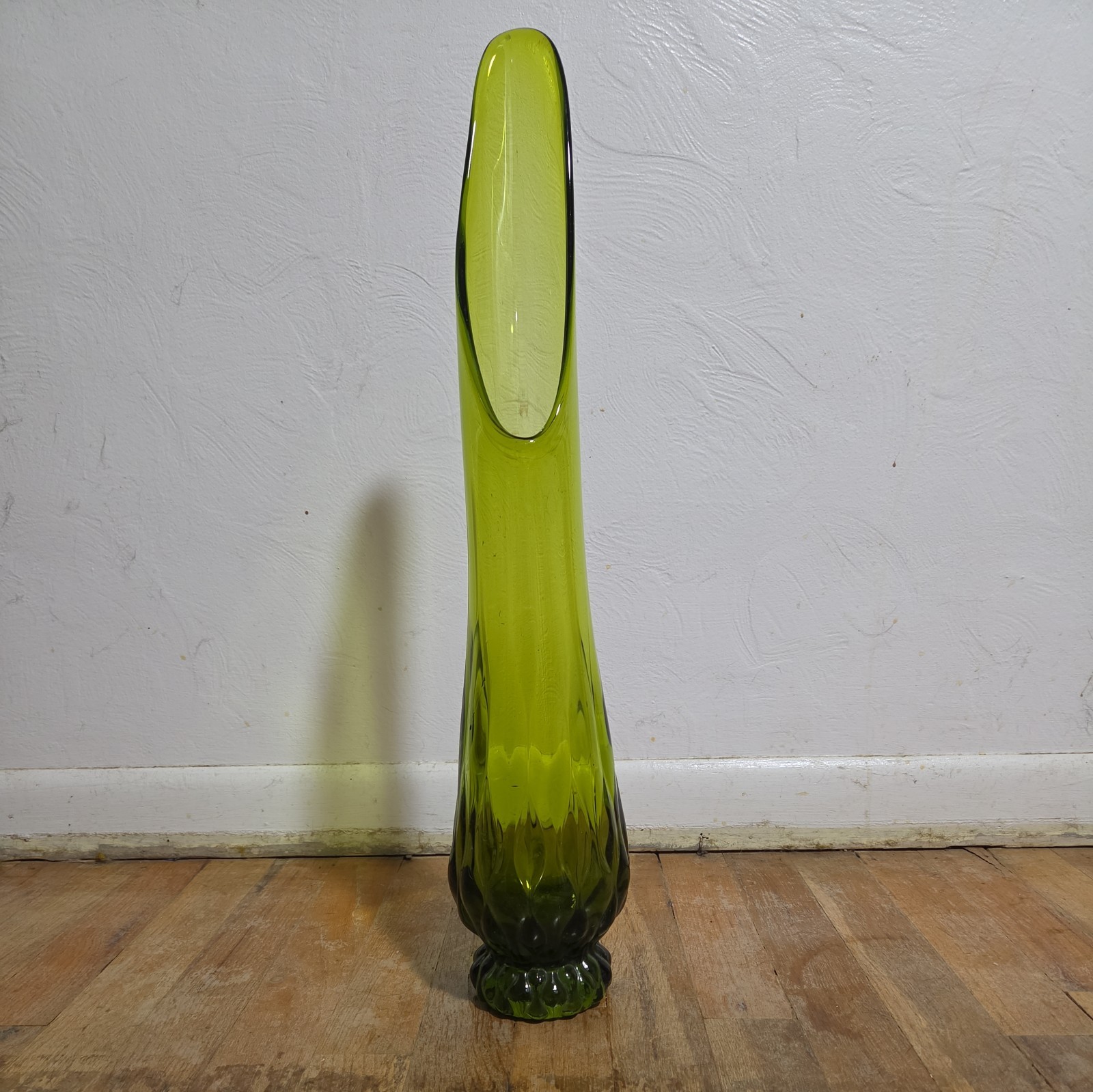 Rare Vintage MCM 23” Viking Green Glass Swung Vase Pulled Bubble