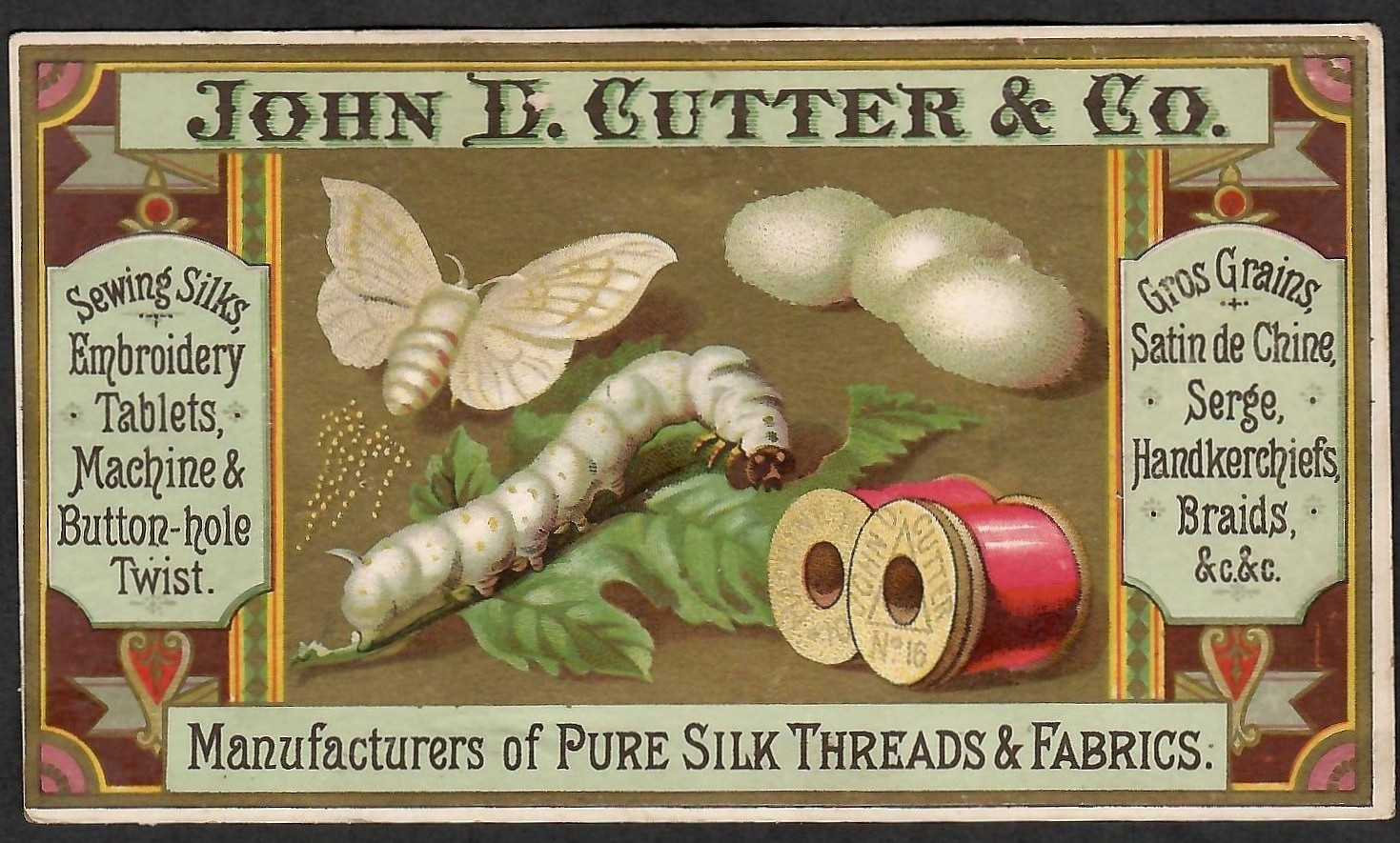 VICTORIAN TRADE CARD JOHN D CUTTER & Co MANUFACTURER PURE SILK THREADS & FABRICS VICTORIAN TRADE CARD JOHN D CUTTER & Co MANUFACTURER PURE SILK THREADS & FABRICS